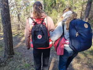 En gruppe mennesker som går i skogen