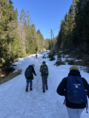 En gruppe mennesker som står på en snødekt ås